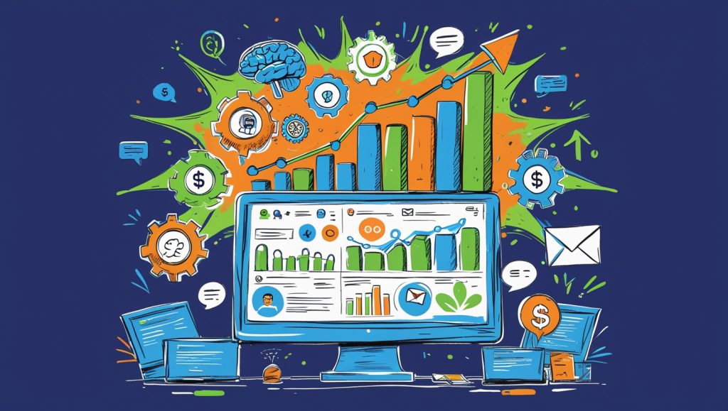AI applications for online shops on sales dashboard with icons for chats and rewards boosting revenue to explode sales