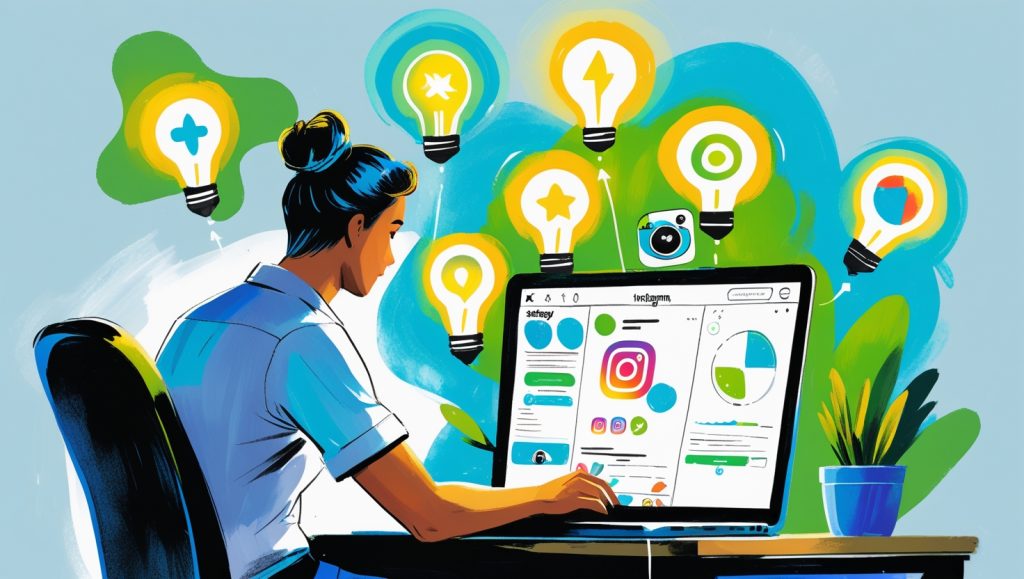 User analyzing Instagram page on laptop with strategy icons and five key free analysis tools for page transformation.