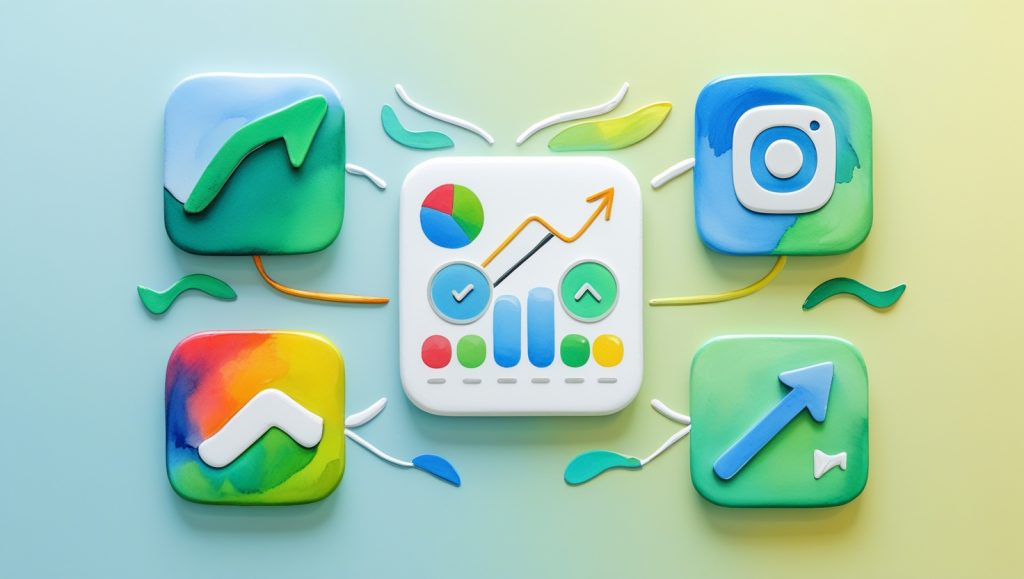 Ladder of five free Instagram analysis tools leading to elevated profile with progress icons and upward trends.