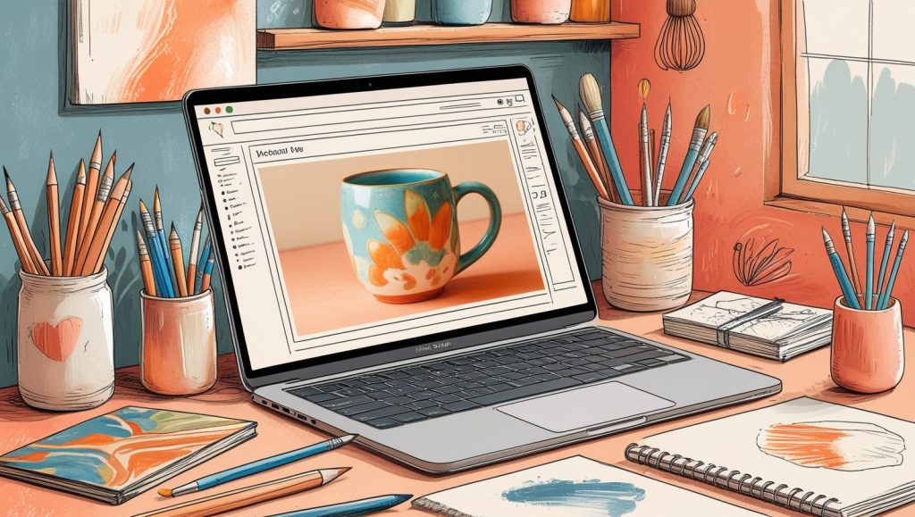 Online shop owner using free AI tools to create product photos on laptop
