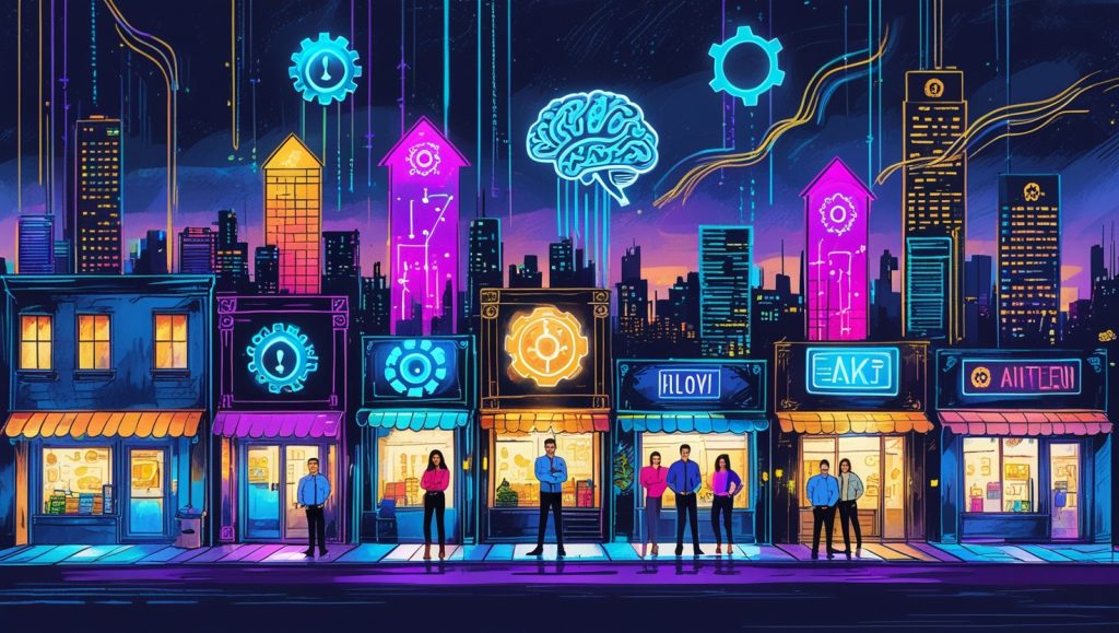 Cityscape of businesses using AI tools with digital data streams for growth and innovation.