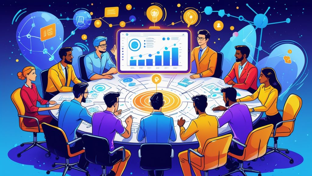 Entrepreneurs brainstorming with AI tools, surrounded by data visualizations for business growth.