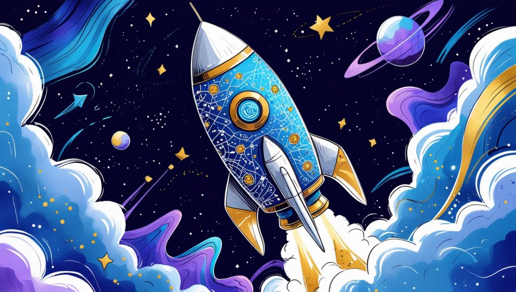 Rocket symbolizing business growth with AI tools and data streams for innovation.
