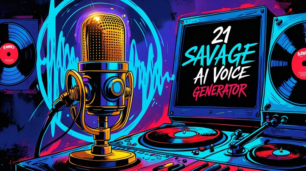 21 Savage AI Voice Generator in a music studio with glowing microphone and soundwaves.