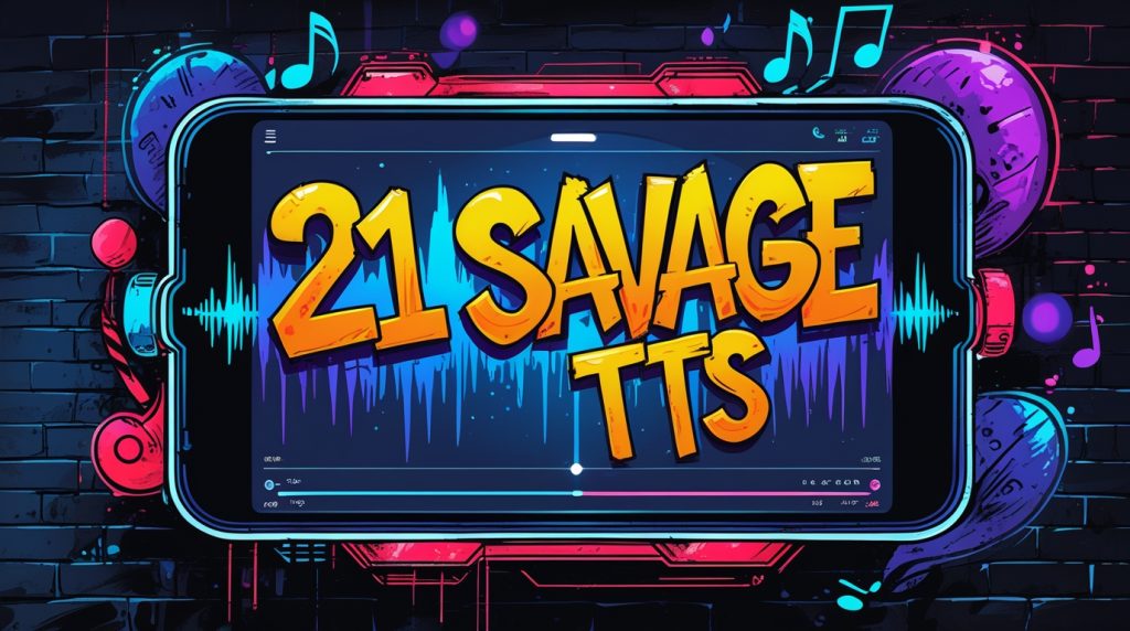 21 Savage AI Voice Generator TTS interface with waveform and musical notes.