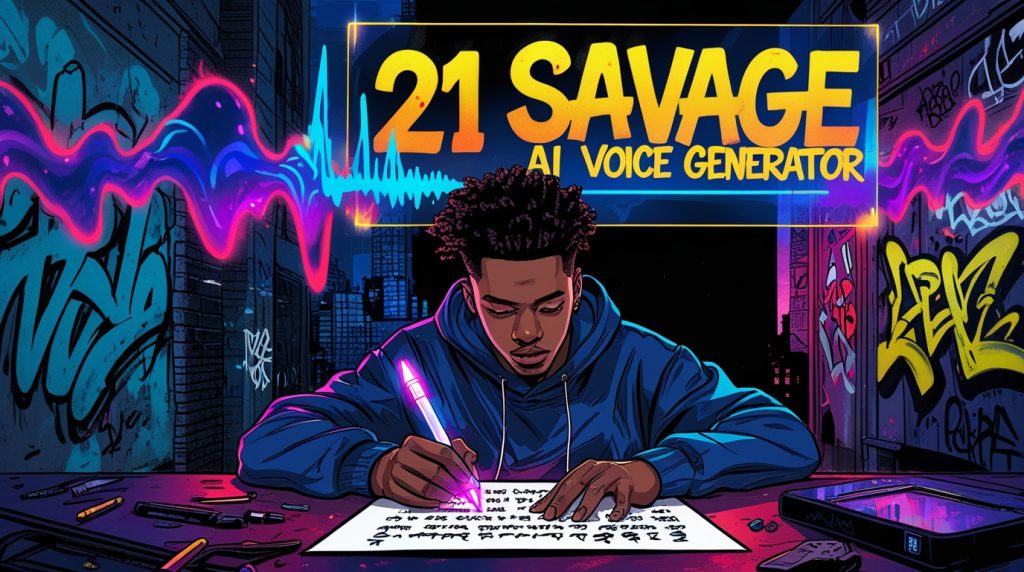 Artist using 21 Savage AI Voice Generator for songwriting with glowing pen.