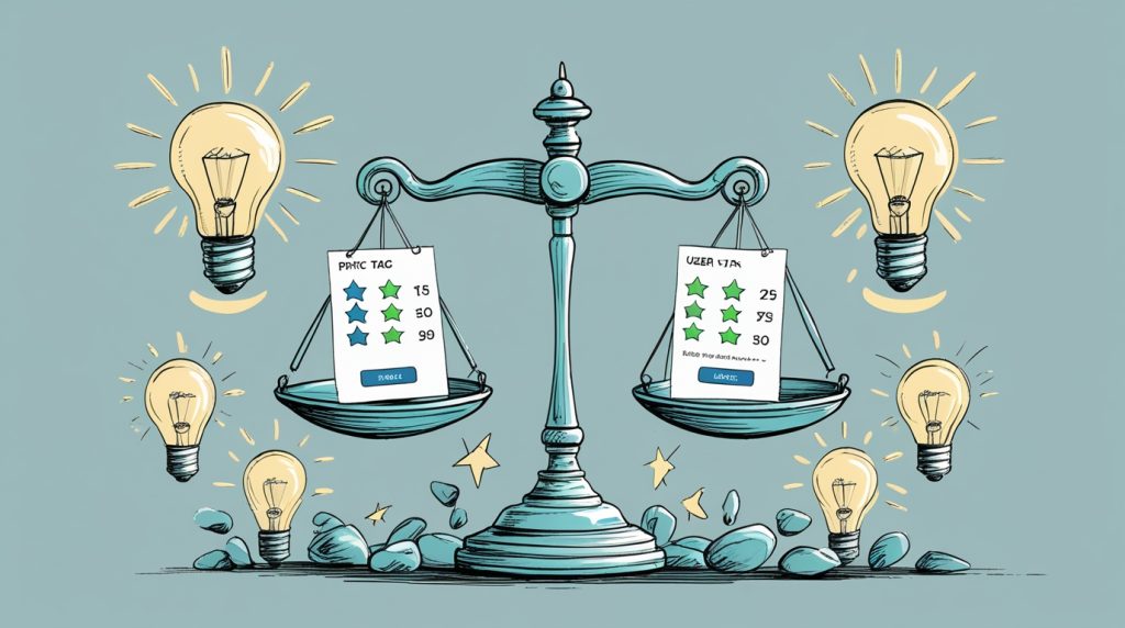 Balance scale comparing AI patent drafting tools with pricing and user ratings in unified blue-gray-green hand-drawn style.