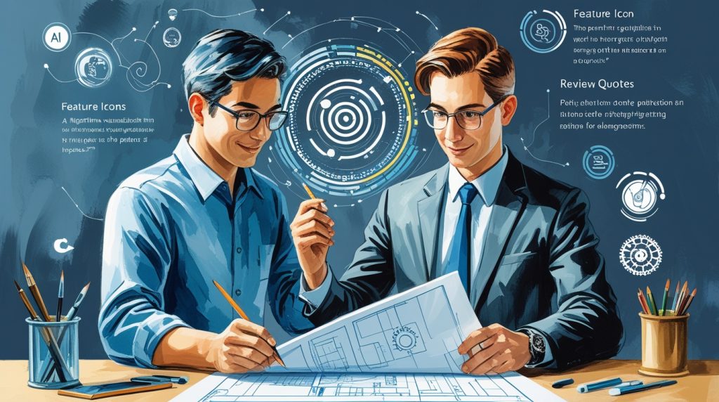 Inventor holding blueprint assisted by AI patterns for patent writing in consistent blue-gray-green hand-painted artwork.