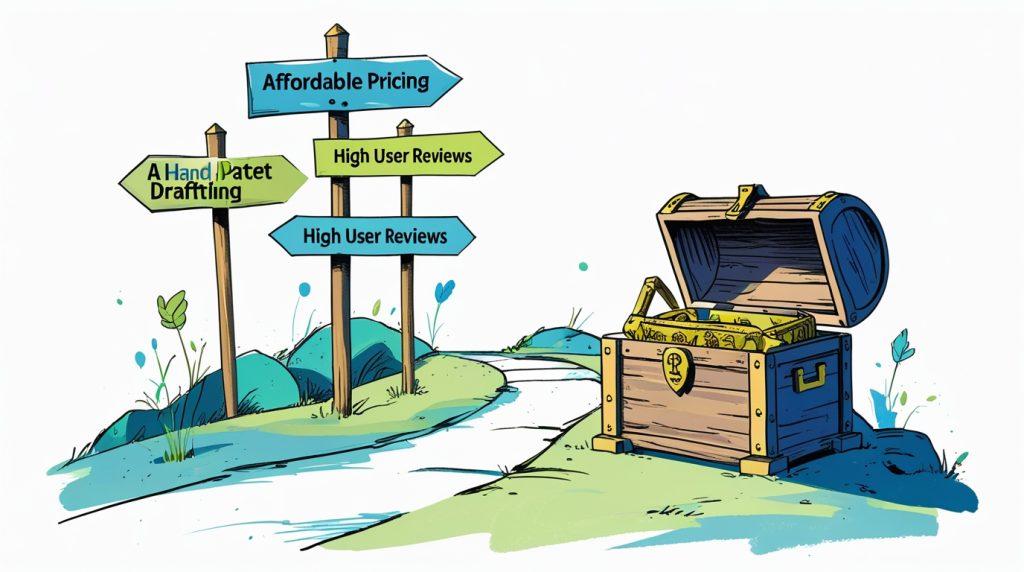 Pathway with signposts to AI patent drafting tools leading to protected IP chest in blue-gray-green hand-drawn style.