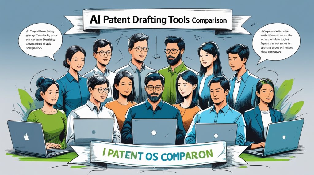Diverse users reviewing AI patent drafting tools on laptops with comparison bubbles in unified blue-gray-green sketch.
