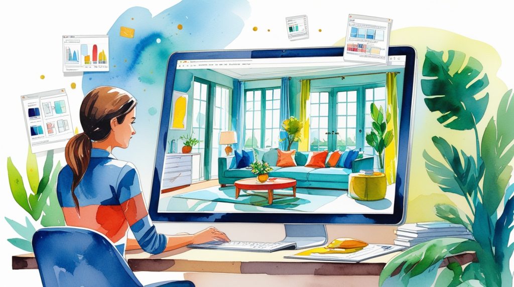 Hand-painted watercolor of interior designer using AI marketing tools for living room design, boosting workflow and revenue in cool blues and greens.