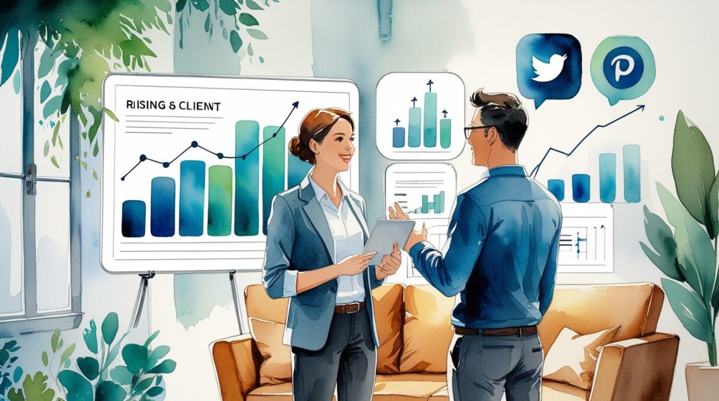 Watercolor painting of interior designer presenting AI marketing visuals to client, with engagement charts in blues and greens.