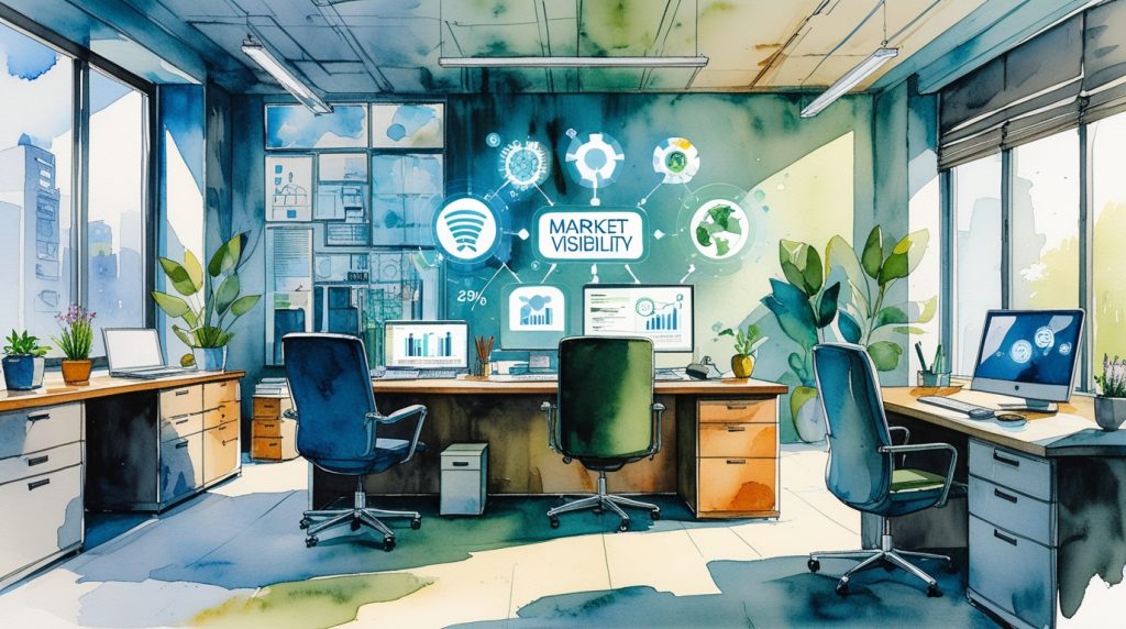 Hand-painted watercolor of AI-transformed interior design office with holographic tools and growth stats in neutral tones