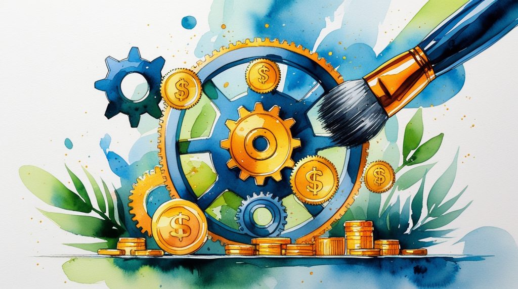 Abstract watercolor of AI gears and brushes in interior design ad, with revenue coins in cool neutrals.