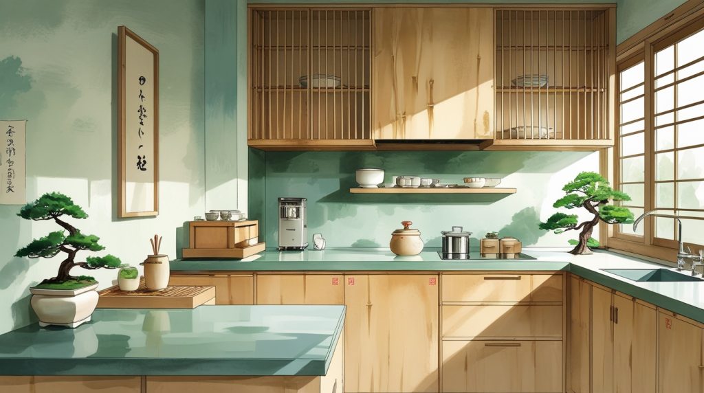 Hand-painted AI-designed Japanese kitchen with bamboo cabinets, tea station, bonsai plants in minimalist style using greens, blues, neutrals.