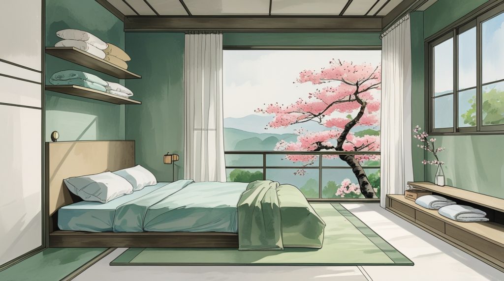 AI-enhanced hand-painted Japanese bedroom with futon, minimalist shelves, cherry blossom view in calming greens, blues, whites.