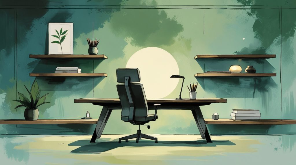 Hand-painted AI Japanese home office with low desk, floating shelves, ink brushes in tranquil greens, blues, neutrals.