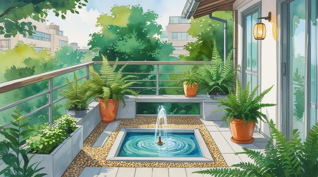 AI-transformed hand-painted Japanese balcony with water feature, gravel paths, lanterns, ferns in soothing greens, blues, whites.