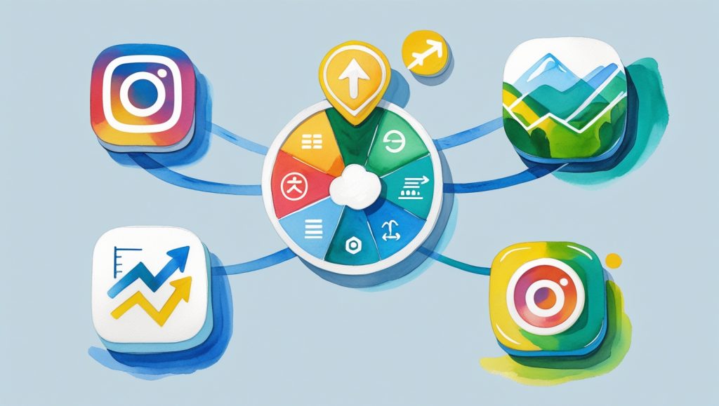 Five free Instagram analysis tools in a wheel around growth chart with arrows to metrics for page strategy optimization.