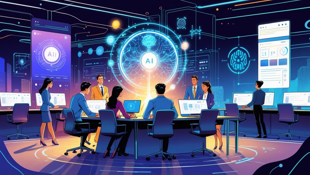 Business professionals using AI tools in a futuristic office with holographic data displays for collaboration and growth.