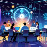 Business professionals using AI tools in a futuristic office with holographic data displays for collaboration and growth.