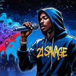 Street performer using 21 Savage AI Voice Generator with vibrant soundwaves.