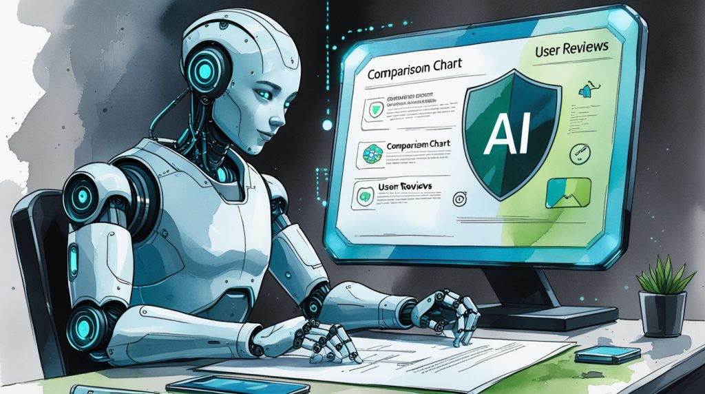 Futuristic AI robot drafting patent document with comparison charts and user reviews in cool blue and gray watercolor style for intellectual property protection.