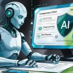 Futuristic AI robot drafting patent document with comparison charts and user reviews in cool blue and gray watercolor style for intellectual property protection.