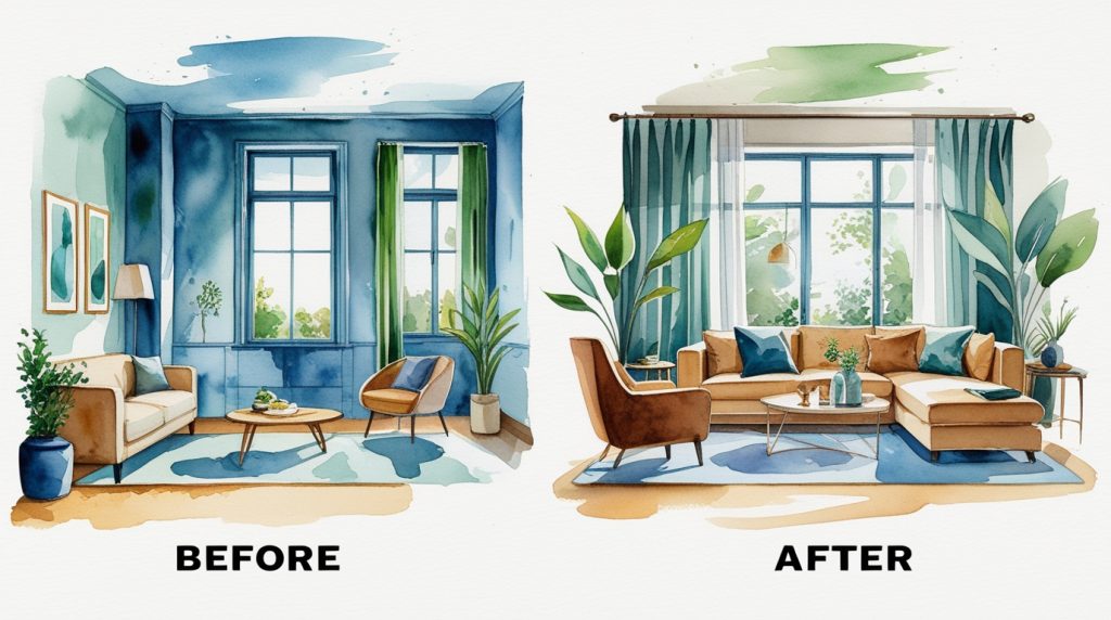 Before-and-after watercolor of AI-enhanced interior design spaces, from simple to luxurious in blues and greens.
