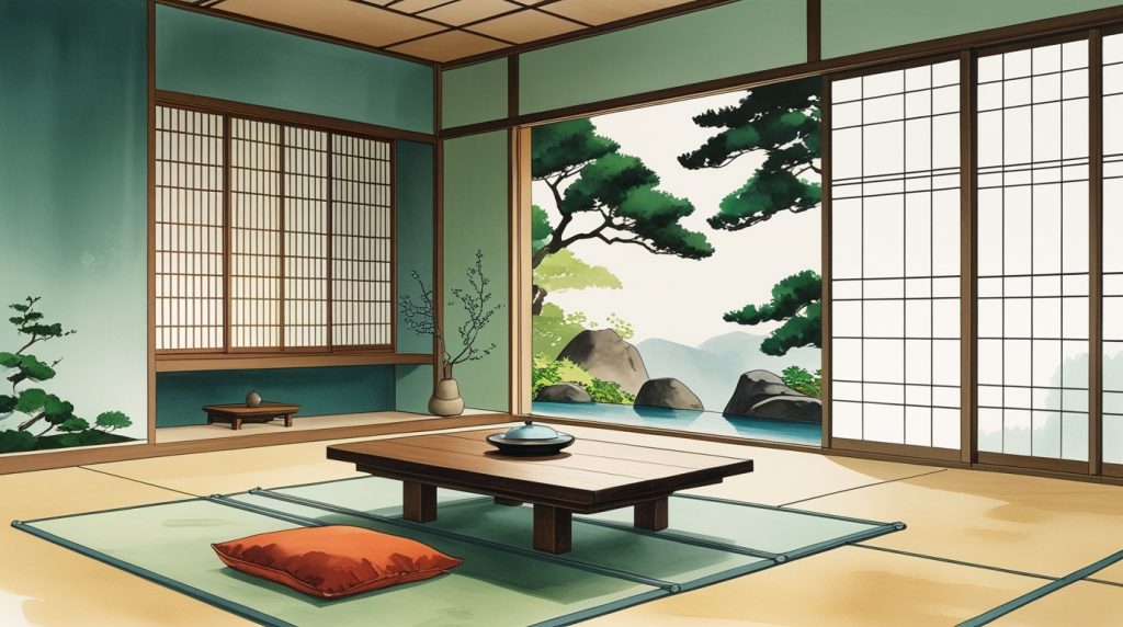 AI-generated hand-painted minimalist Japanese living room with Zen aesthetics, low wooden table, tatami mats, rock garden, shoji screens in serene greens and neutrals.