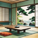 AI-generated hand-painted minimalist Japanese living room with Zen aesthetics, low wooden table, tatami mats, rock garden, shoji screens in serene greens and neutrals.